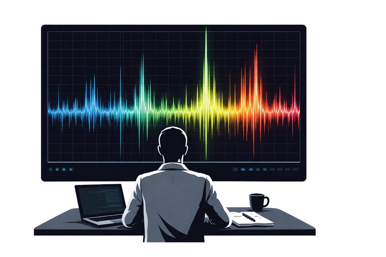 Scientific monitoring screen showing fluctuating electromagnetic wave patterns representing Schumann resonance activity against a dark grid background.