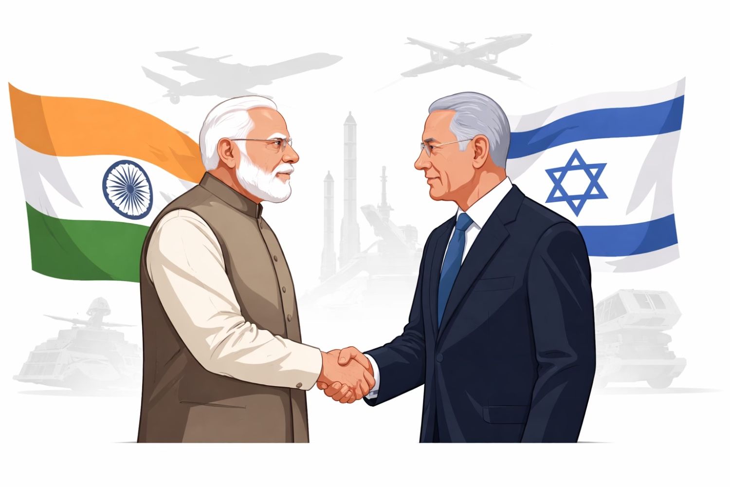 Prime Minister Narendra Modi shaking hands with Israeli leadership during an official visit, with Indian and Israeli flags displayed in the background.