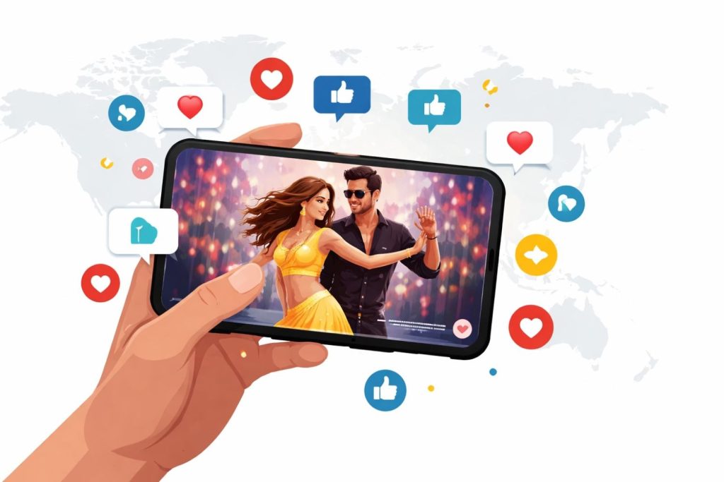 Smartphone screen showing a viral Bollywood dance clip being shared widely on social media, with global engagement icons and floating reaction symbols in the background.