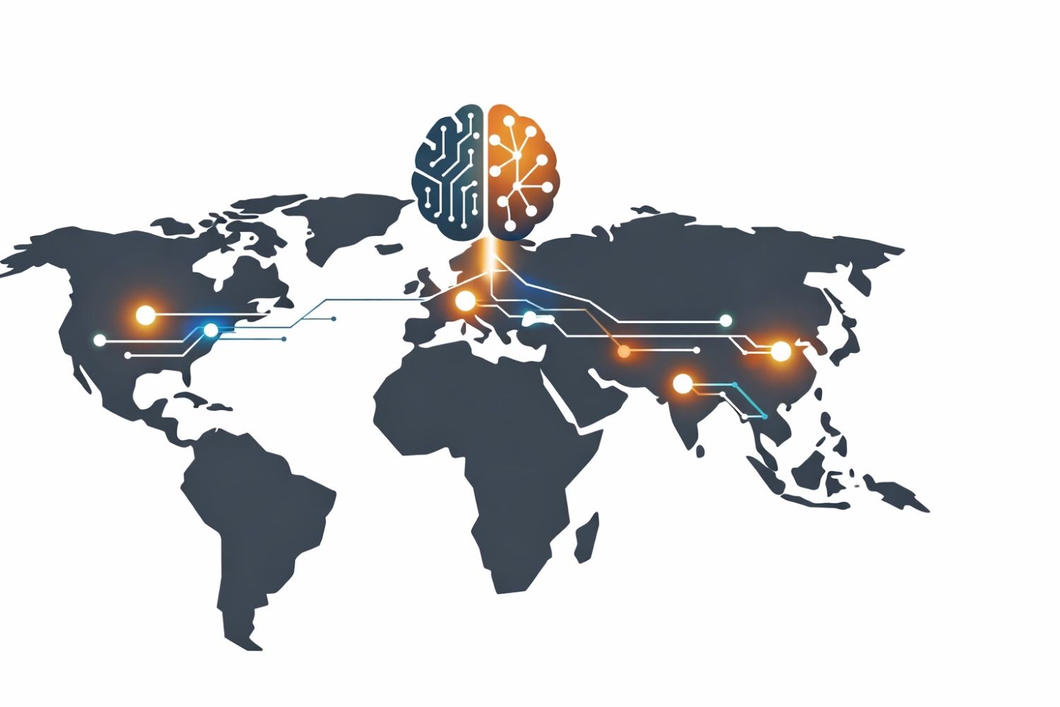 World map with glowing digital network lines connecting major countries, symbolising the global artificial intelligence race in 2026.