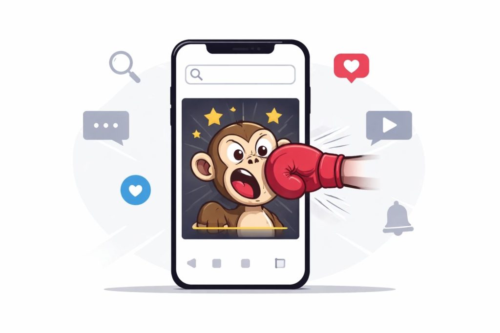 A smartphone screen displaying a looping cartoon monkey animation, surrounded by floating social media icons and search bar elements on a clean digital background.