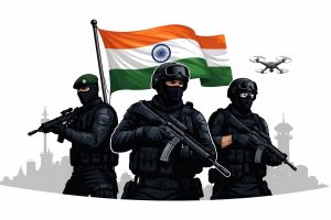 Security personnel standing alert with the Indian national flag in the background, symbolising India’s new counter-terrorism policy Prahaar and strengthened internal security framework.