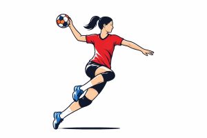 Women handball players in action during a national-level indoor match at the All India Women’s Handball Tournament 2026.