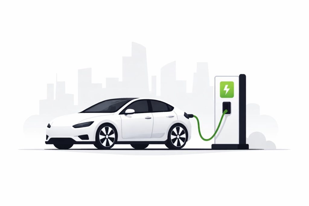 Electric car connected to a public charging station in an Indian city with modern buildings in the background.