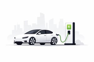 Electric car connected to a public charging station in an Indian city with modern buildings in the background.