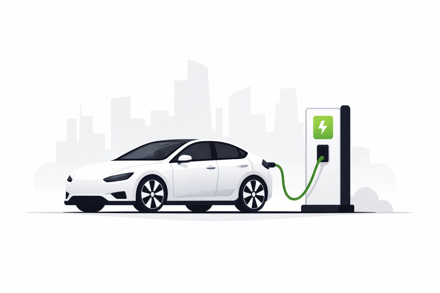 Electric car connected to a public charging station in an Indian city with modern buildings in the background.