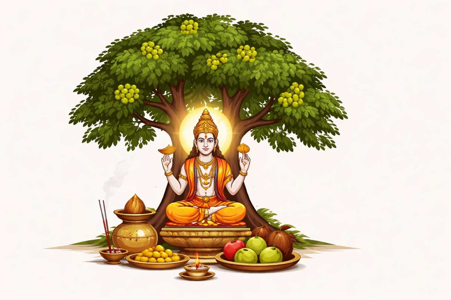 Devotees offering prayers to Lord Vishnu near a sacred Amla tree during Amalaki Ekadashi observance.