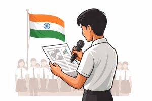 Students standing in a school assembly ground while reading news headlines, with the Indian flag in the background and a teacher addressing them.