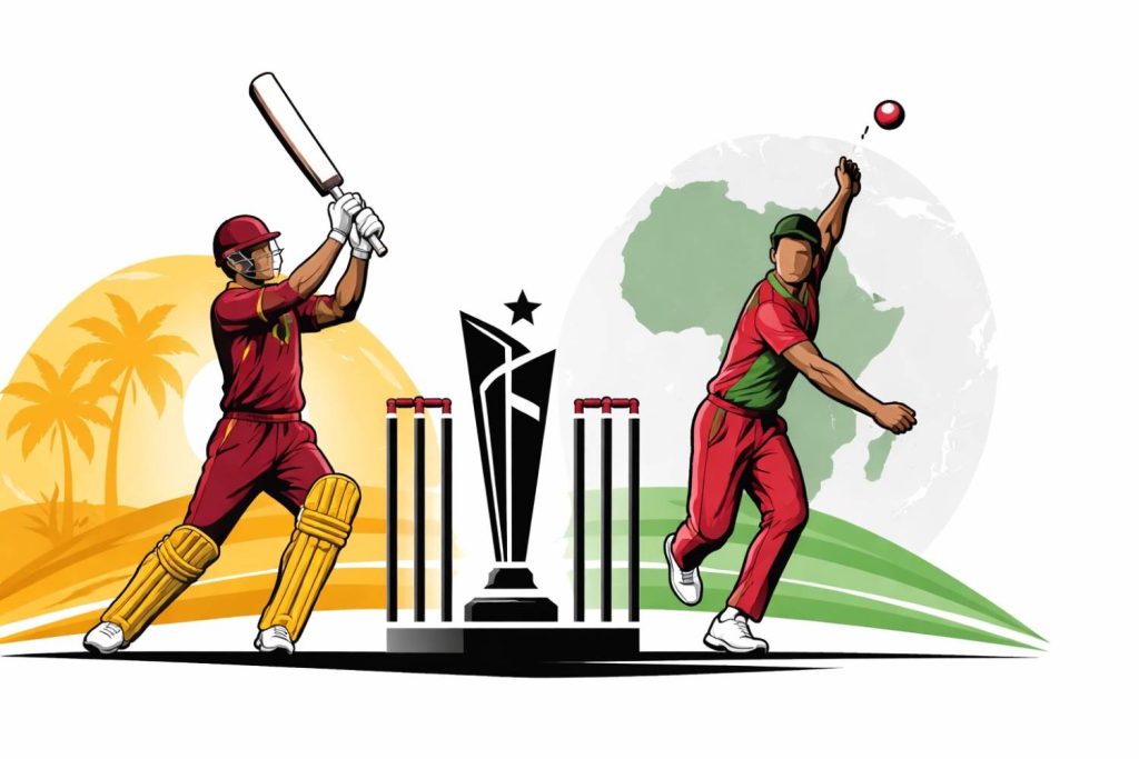 West Indies and Zimbabwe players during a T20 World Cup 2026 Super 8 match, with batters and bowlers in action on the field.