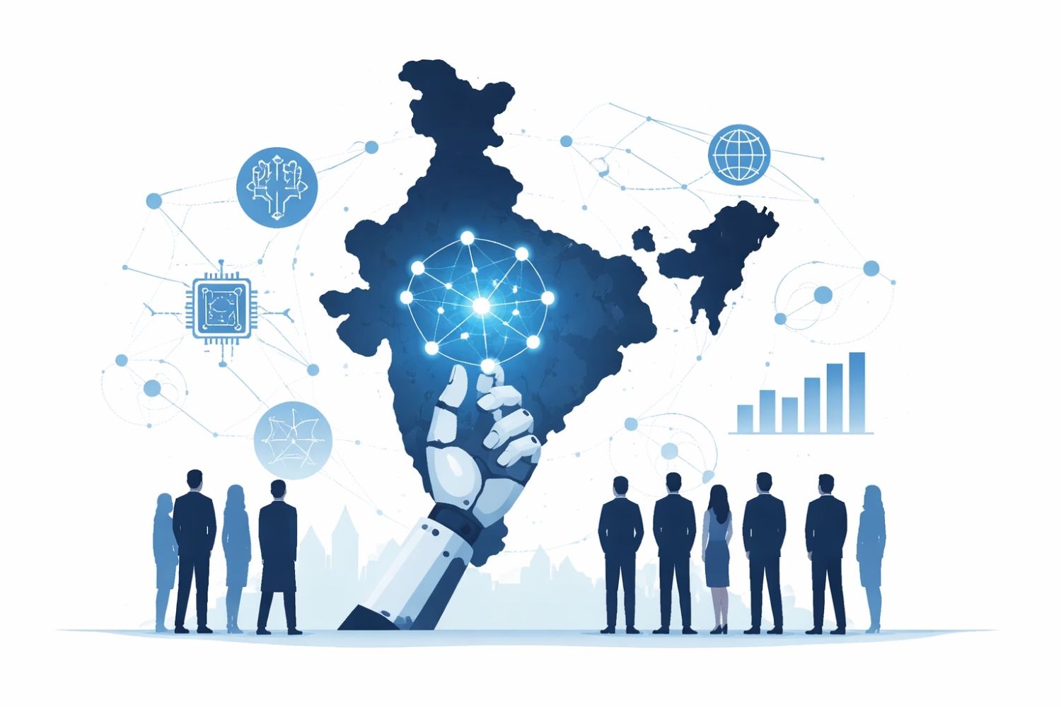 Global leaders and technology executives gathered at the India AI Impact Summit with digital screens showing artificial intelligence graphics in the background.