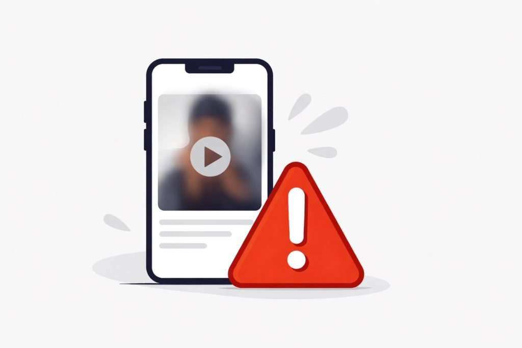 Minimal editorial illustration showing a smartphone screen with a blurred play button icon and a warning triangle symbol, representing a viral video scam and online safety risk.