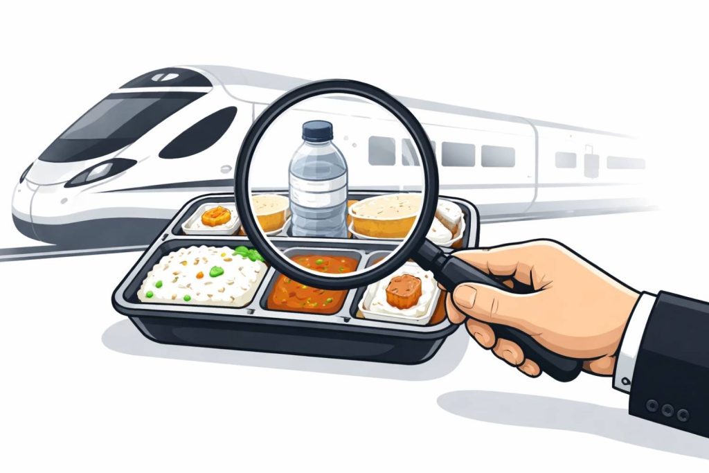 Passengers seated inside a Vande Bharat Express coach receiving meal trays from onboard catering staff.