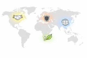 World map with highlighted regions and subtle icons representing diplomacy, security, economy, climate and culture against a neutral background.