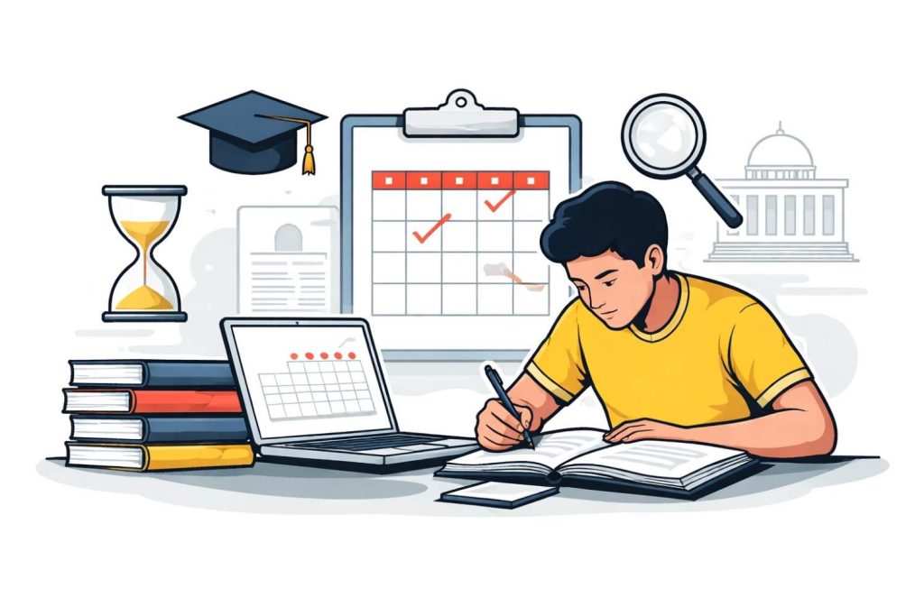 Indian students studying for competitive exams 2026 with books, laptop, and exam calendar displayed on a desk.