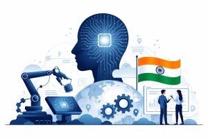 Audience attending a large technology conference in India, with a stage displaying an AI-themed visual and speakers discussing artificial intelligence innovation.