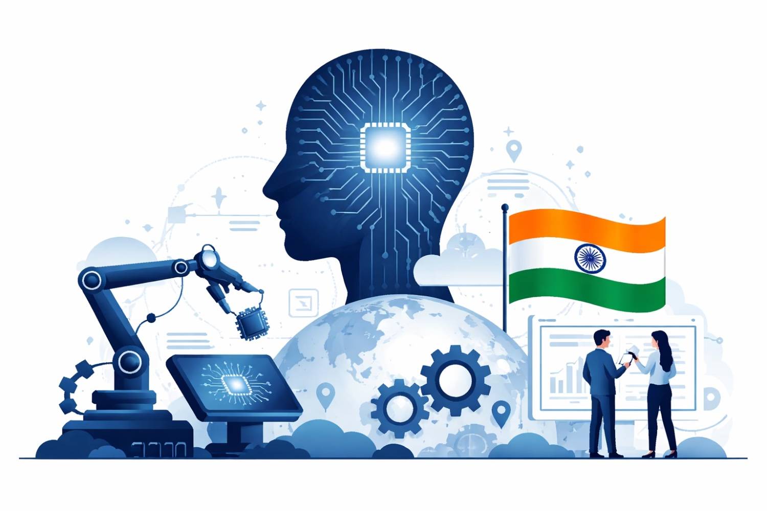 Audience attending a large technology conference in India, with a stage displaying an AI-themed visual and speakers discussing artificial intelligence innovation.