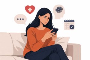 A young Indian woman sitting on a sofa using her smartphone, looking thoughtful and calm, symbolising rising online searches for mental health support in India in 2026.