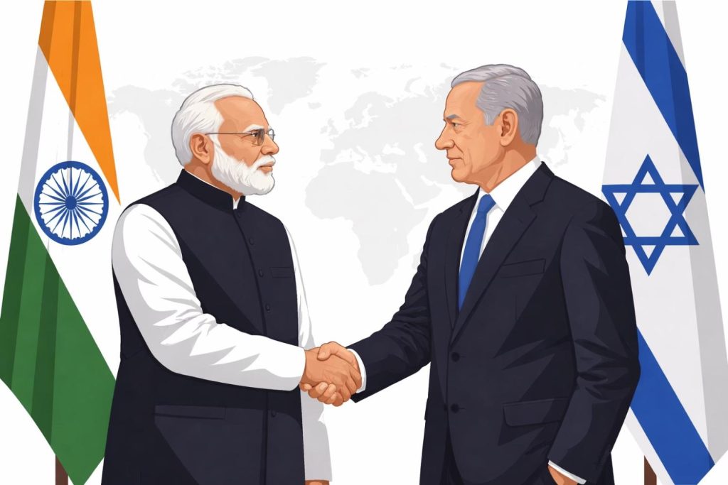 Prime Minister Narendra Modi and Israeli Prime Minister in a formal diplomatic meeting setting, symbolizing India–Israel strategic partnership.