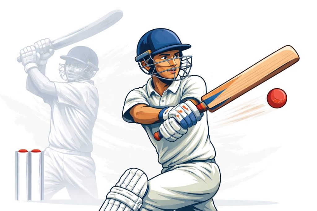 Aaryavir Sehwag playing an aggressive front-foot shot during a junior cricket match, drawing comparisons to his father Virender Sehwag’s fearless batting style.