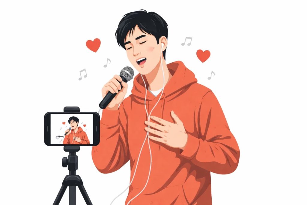 A young Chinese man singing a Bollywood song from Mohabbatein into a microphone while recording a short video on his smartphone.