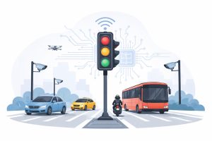 Traffic signal at a busy Pune intersection with vehicles moving smoothly under an AI-powered smart traffic management system.