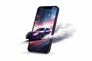 Minimal editorial illustration of a smartphone screen showing a stylised drifting sports car effect created by AI, with motion blur and smoke on a clean white background.