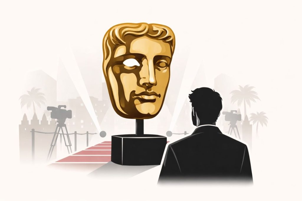 BAFTA Awards 2026 ceremony stage with golden mask trophy displayed as Indian film Boong, backed by Farhan Akhtar, gains international recognition.