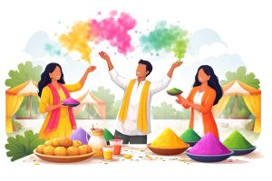 Indian families and friends celebrating Holi with safe colours at an outdoor brunch event, with festive food spread and spring decor in the background.