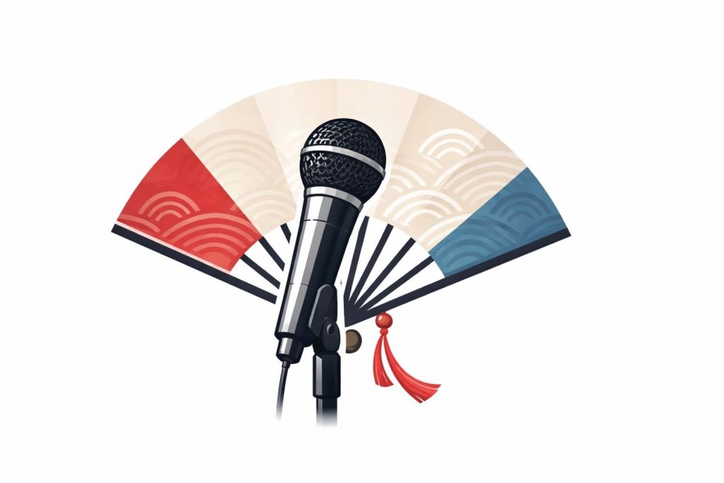 Minimal editorial illustration showing a K-pop stage microphone combined with traditional Korean music elements symbolizing the global “BTS Arirang” trend and cultural fusion.