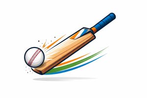 Minimal editorial illustration representing India defeating England in the T20 World Cup 2026 semi-final, showing a cricket bat striking a ball with dynamic motion on a clean white background.