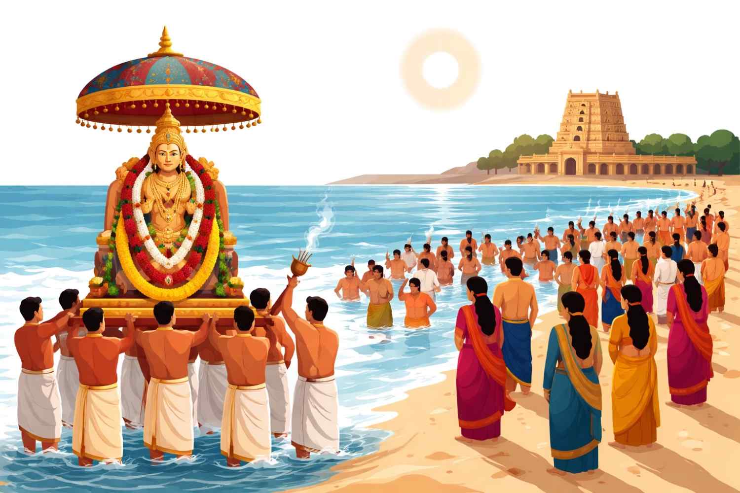 Devotees taking a holy dip in the sea during Masi Magam festival with temple idols carried in procession near the shore.