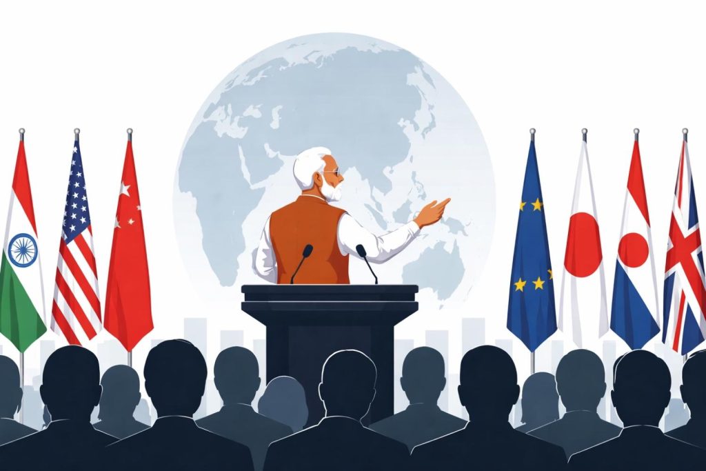 Prime Minister Narendra Modi speaking at the NXT Summit 2026 in New Delhi as global leaders, policymakers, and industry experts attend the international conference.