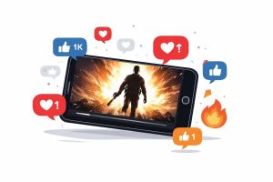 Editorial illustration showing a smartphone playing a movie trailer with social media notification icons around it, symbolizing the viral buzz of the “Dhurandhar 2” trailer across online platforms.