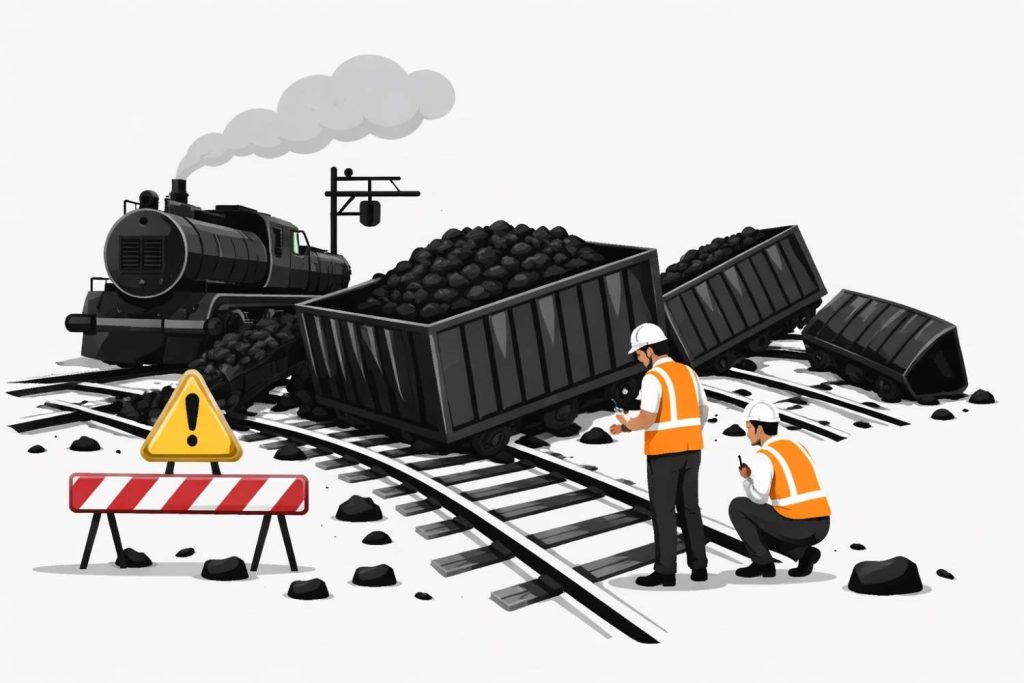 Coal freight train wagons derailed near Katni in Madhya Pradesh as railway officials inspect the damaged track after the incident.