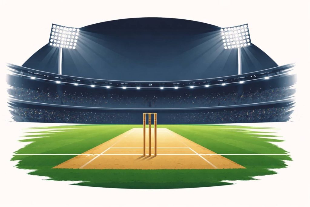 Minimal editorial illustration showing a cricket pitch and stadium lights symbolizing the India vs England T20 World Cup semifinal at Wankhede Stadium.