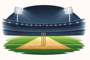 Minimal editorial illustration showing a cricket pitch and stadium lights symbolizing the India vs England T20 World Cup semifinal at Wankhede Stadium.