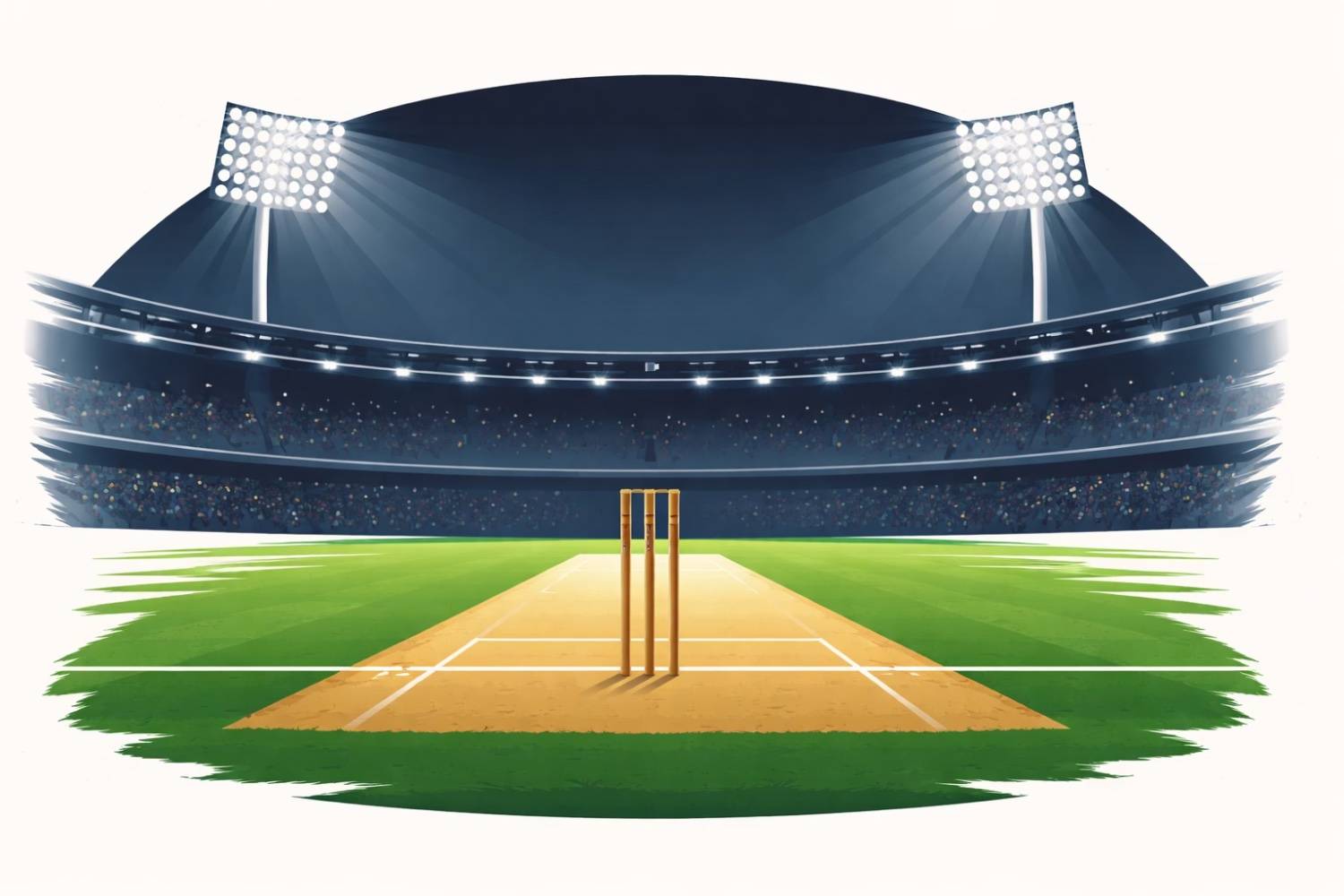 Minimal editorial illustration showing a cricket pitch and stadium lights symbolizing the India vs England T20 World Cup semifinal at Wankhede Stadium.