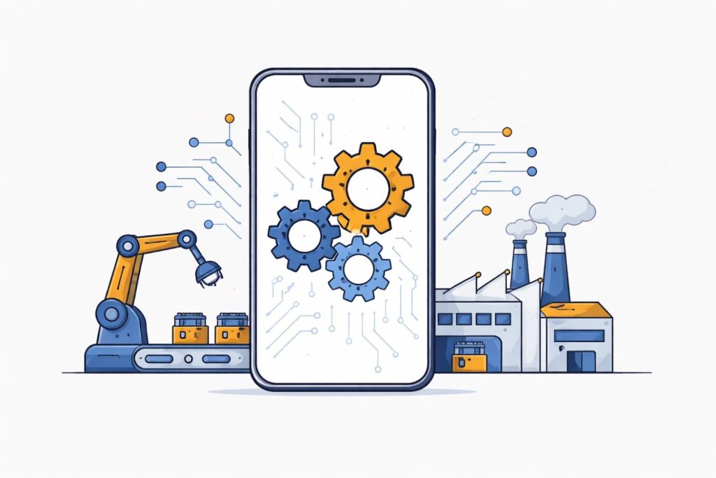 Minimal editorial illustration showing a smartphone with manufacturing gears and circuit patterns, symbolizing India’s smartphone production incentive scheme boosting companies like Apple and Samsung.