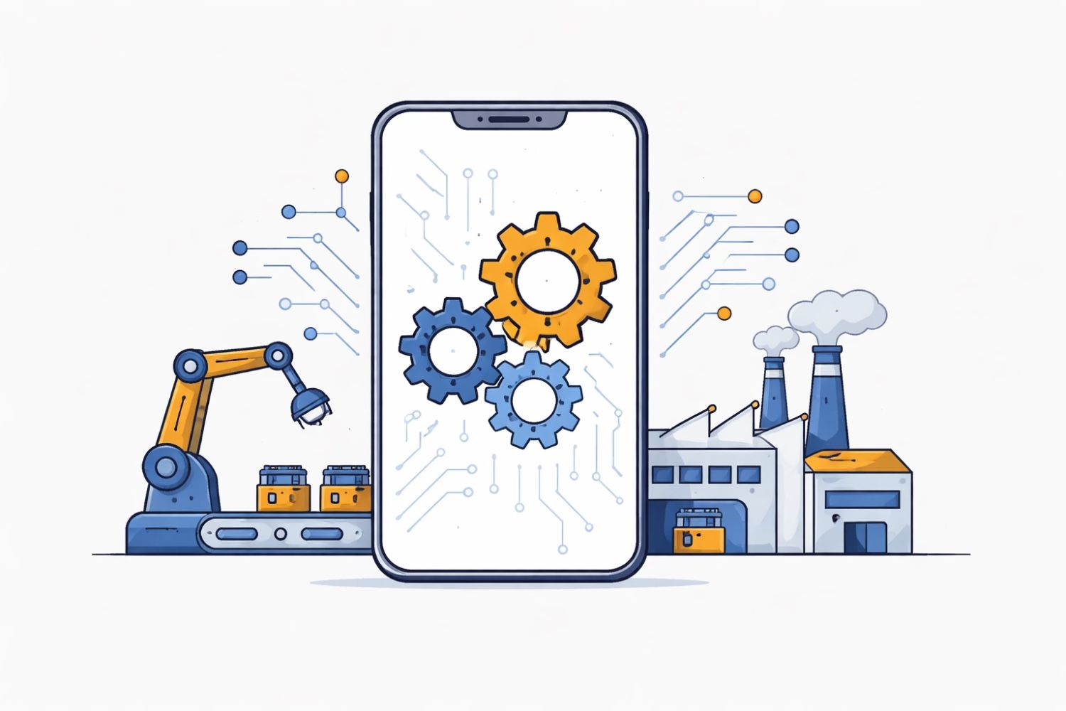 Minimal editorial illustration showing a smartphone with manufacturing gears and circuit patterns, symbolizing India’s smartphone production incentive scheme boosting companies like Apple and Samsung.