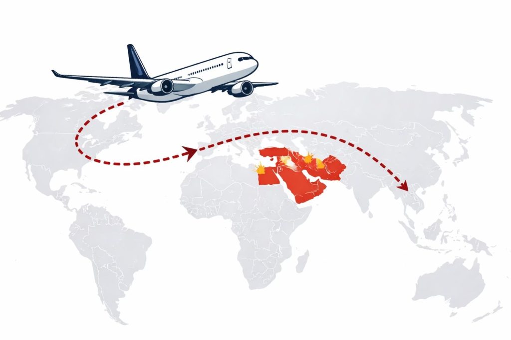 Editorial illustration showing a commercial airplane changing route above a world map with the Middle East highlighted, symbolizing global flight disruptions due to the Israel–Iran conflict.