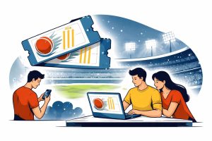 Fans buying tickets online for IPL 2026 as cricket stadium lights glow in the background.