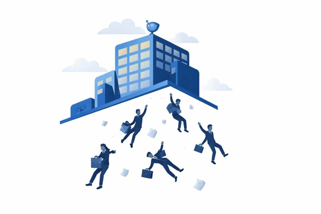 Minimal editorial illustration showing a large social media company building with falling employee icons, symbolizing tech layoffs and workforce reduction in the global technology industry.