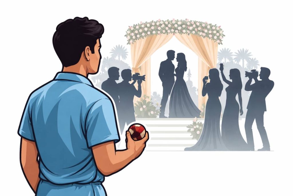 Editorial illustration symbolizing Arjun Tendulkar wedding rumours trending on social media, with a cricket figure and celebrity event setting in Mumbai.
