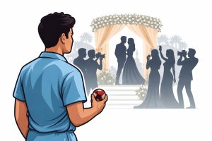 Editorial illustration symbolizing Arjun Tendulkar wedding rumours trending on social media, with a cricket figure and celebrity event setting in Mumbai.