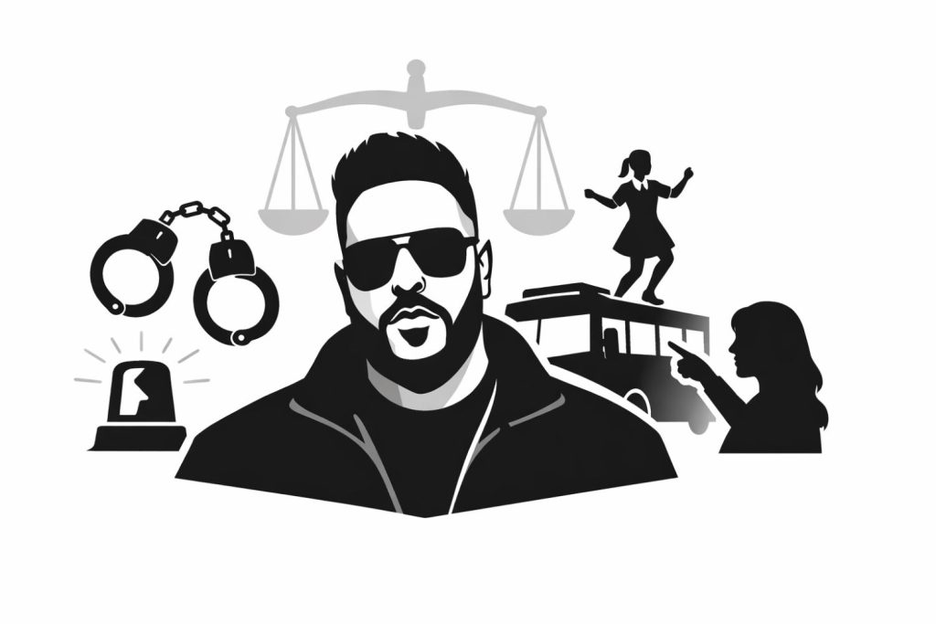 Editorial illustration representing the controversy around rapper Badshah’s song “Tateeree,” symbolizing legal scrutiny over music content and public debate in India.