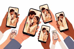 Fans holding smartphones showing edited wedding-style images of Vijay Deverakonda and Rashmika Mandanna, symbolising viral social media speculation.