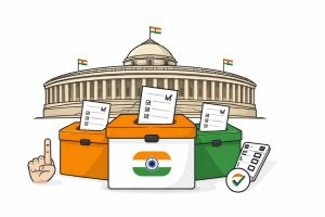 Minimal editorial illustration showing the Indian Parliament building with ballot boxes and voting symbols, representing the debate over the “One Nation, One Election” proposal and parliamentary review.