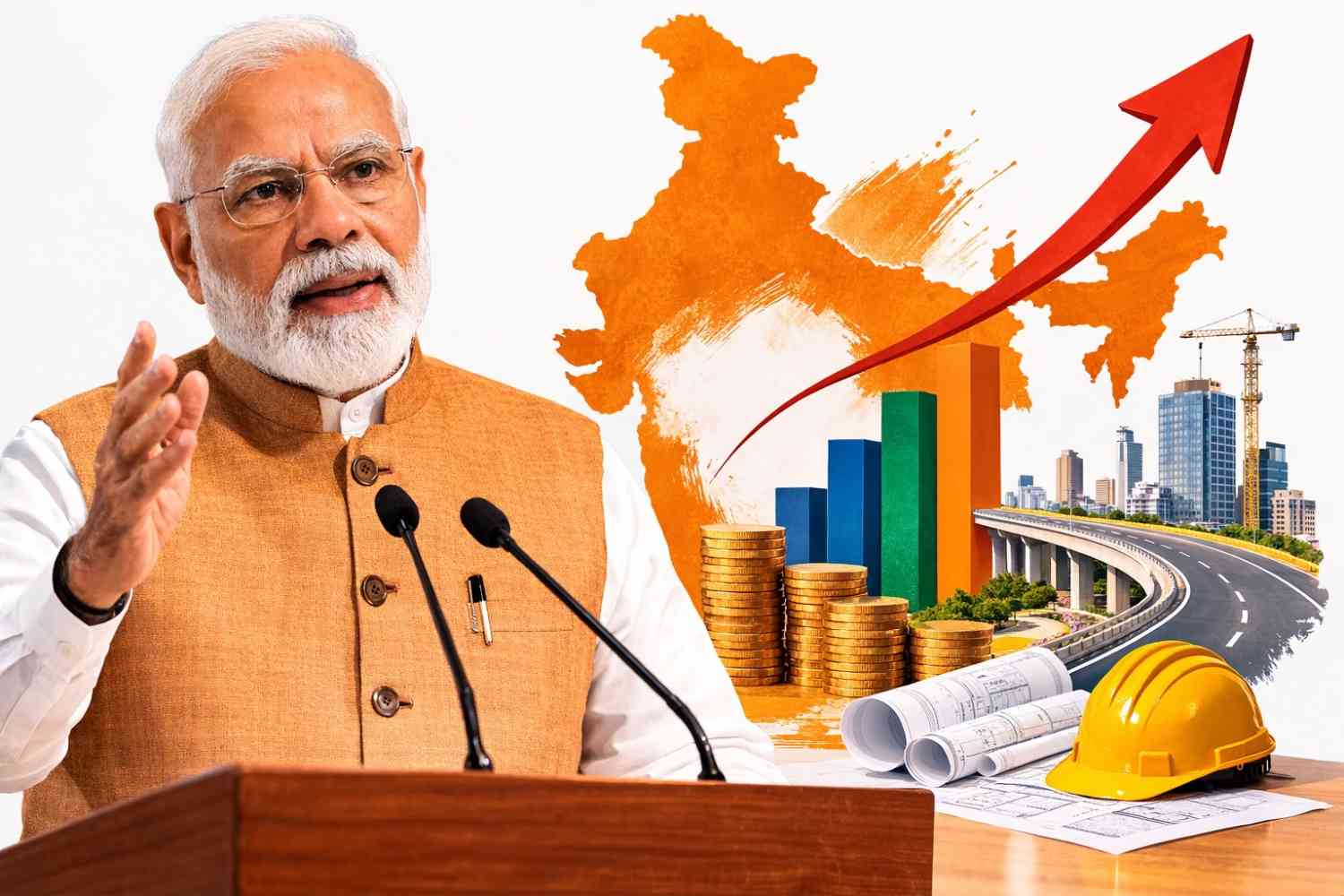 Minimal editorial illustration symbolizing India’s economic growth roadmap after the Union Budget, with a rising arrow and development icons representing infrastructure, industry, and policy direction.