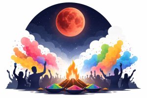 Editorial illustration showing Holi colors rising into the sky beneath a reddish “blood moon” lunar eclipse symbolizing the rare overlap of Holi celebrations and Chandra Grahan in India.