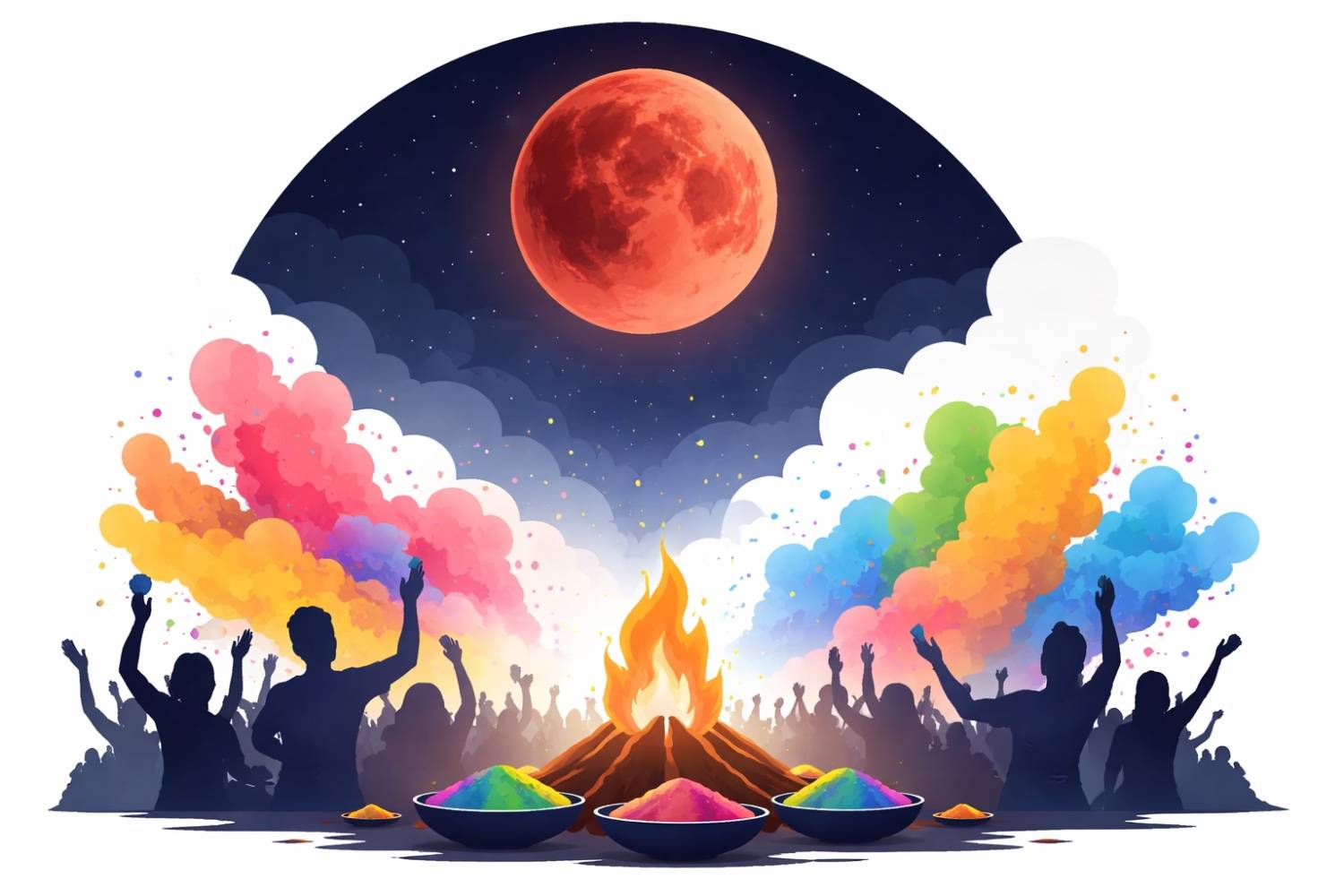 Editorial illustration showing Holi colors rising into the sky beneath a reddish “blood moon” lunar eclipse symbolizing the rare overlap of Holi celebrations and Chandra Grahan in India.